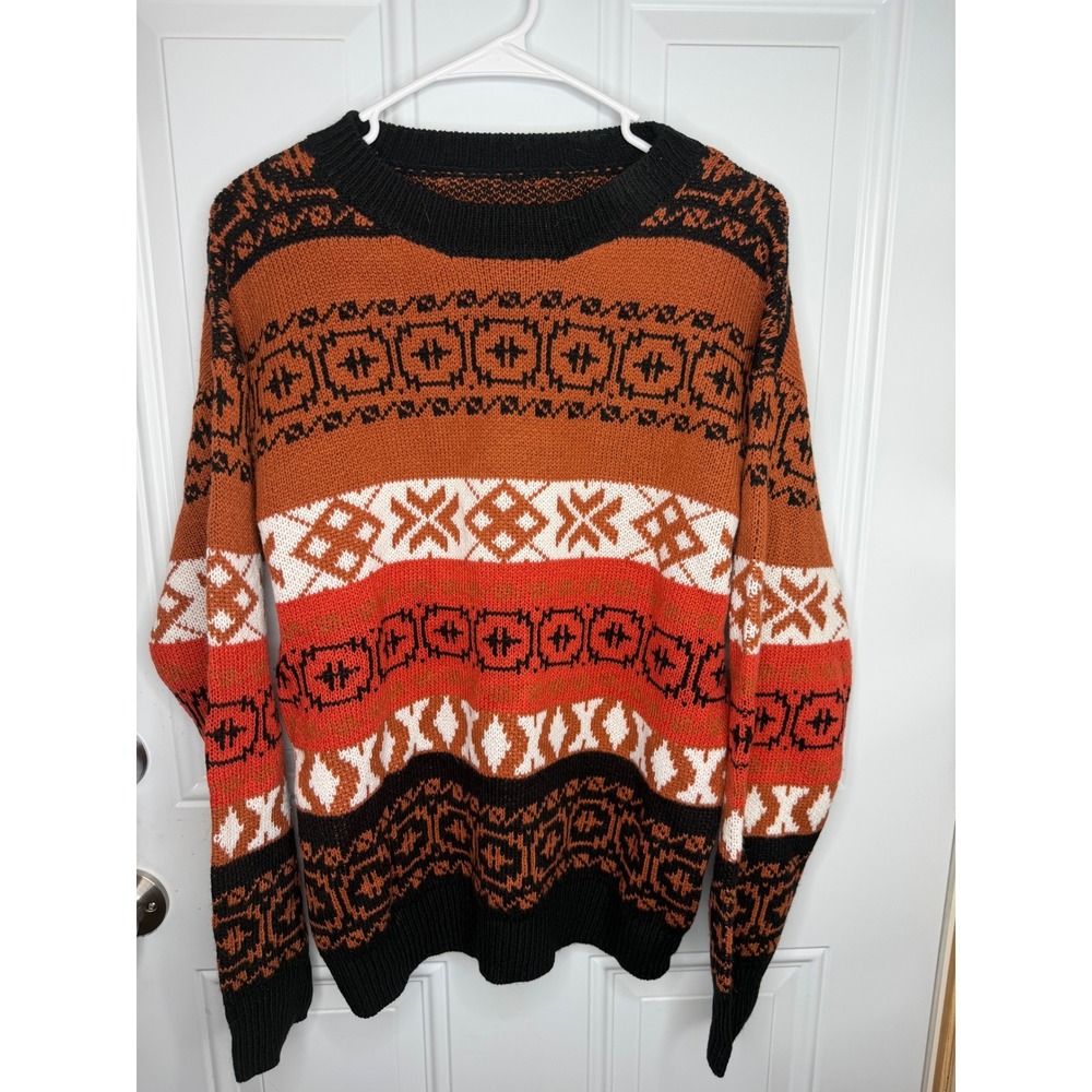 SHEIN Womens Geometric Fair Isle Knit Sweater Orange Black Rust Crewneck Medium